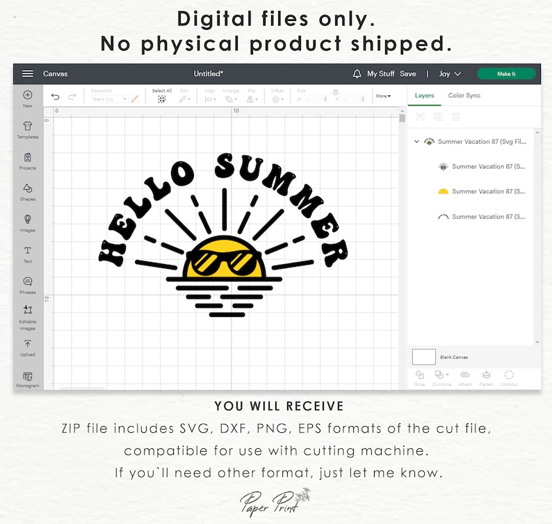 May include: A digital design featuring a black and yellow sun with sunglasses, a black and white wave, and the text "HELLO SUMMER" in a retro font. The design is on a white background and is suitable for use with a cutting machine.
