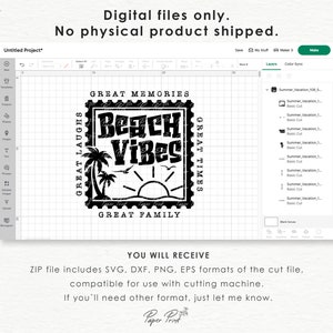 Puede incluir: Dise&ntilde;o digital en blanco y negro de un sello con el texto "Beach Vibes" en su interior. El sello tiene el texto "Great Laughs" en el lado izquierdo y "Great Times" en el lado derecho. La parte inferior del sello dice "Great Family".