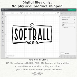 Pu&ograve; includere: Un design digitale per una grafica a tema softball. Il design presenta le parole "SOFTBALL mama" in un carattere nero in grassetto, con una grafica di softball sopra la parola "SOFTBALL". &Egrave; incluso anche il testo "Solo file digitali. Nessun prodotto fisico spedito".