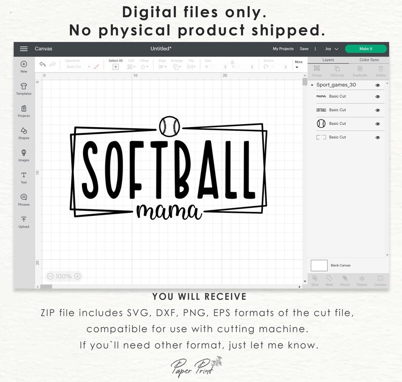 Pu&ograve; includere: Un design digitale per una grafica a tema softball. Il design presenta le parole "SOFTBALL mama" in un carattere nero in grassetto, con una grafica di softball sopra la parola "SOFTBALL". &Egrave; incluso anche il testo "Solo file digitali. Nessun prodotto fisico spedito".