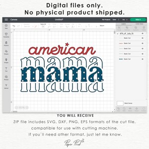 Pode incluir: Um design digital para uma m&aacute;quina de corte que apresenta o texto "american mama" em vermelho, branco e azul com um padr&atilde;o de estrelas. O design &eacute; mostrado em uma tela de computador.