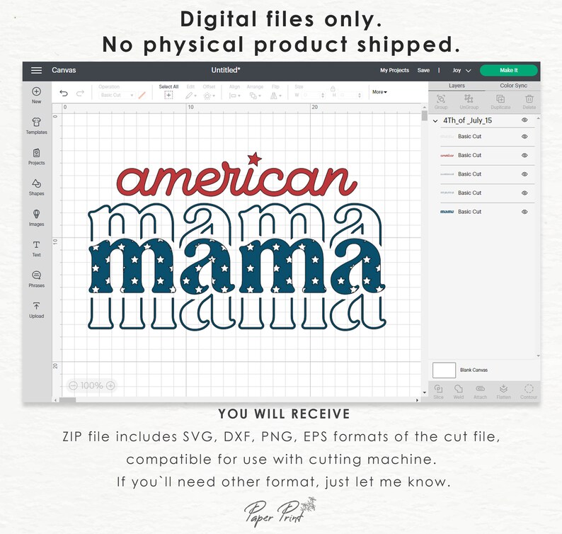Pode incluir: Um design digital para uma m&aacute;quina de corte que apresenta o texto "american mama" em vermelho, branco e azul com um padr&atilde;o de estrelas. O design &eacute; mostrado em uma tela de computador.