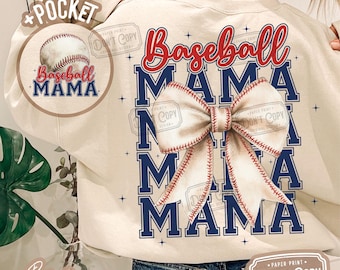 May include: A beige sweatshirt with a pocket on the left side. The sweatshirt has a baseball design with a bow and the text "Baseball Mama" repeated three times in blue and red letters.