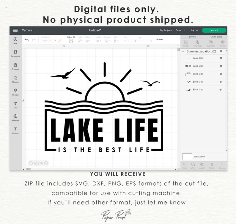 May include: Black and white digital design with the text "LAKE LIFE IS THE BEST LIFE" inside a rectangle, with a sun, waves, and birds. The image is a digital file, with formats including SVG, DXF, PNG, and EPS.