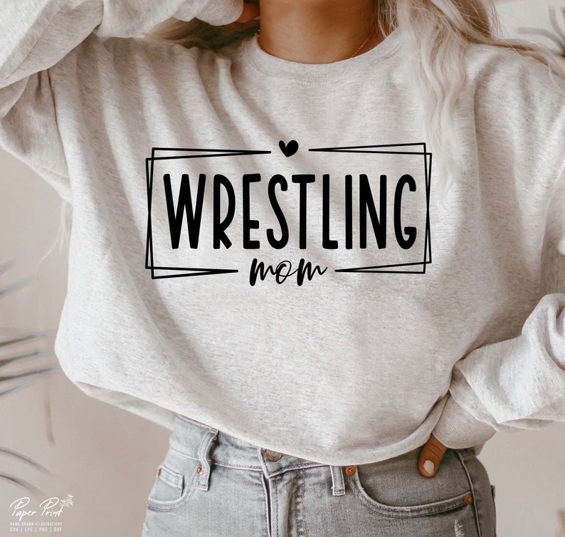 May include: A gray sweatshirt with the text "Wrestling Mom" in a black box with a small heart above the text.