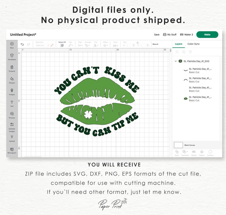 May include: Green and black digital design of a pair of lips with a shamrock in the center. The text reads "You can't kiss me but you can tip me".