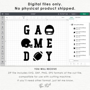 May include: A digital design for a "Game Day" graphic with a football helmet, football, and letters in black. The design is shown on a computer screen with a design program interface.