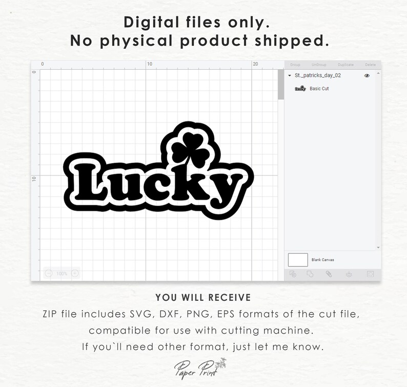 May include: Digital cut file design of the word "Lucky" with a four-leaf clover. The design is in black and white and is suitable for use with a cutting machine.