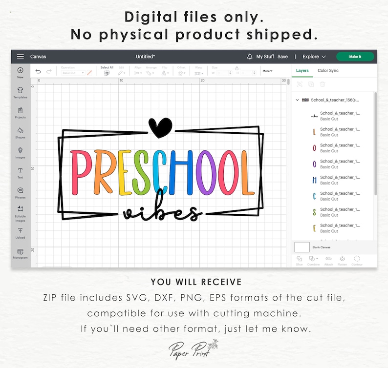 May include: A digital design for a cutting machine featuring the text "PRESCHOOL vibes" in rainbow colors with a black heart above the text. The text is enclosed in a black square frame.