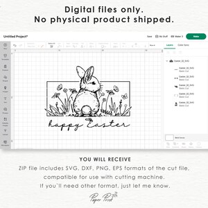 May include: Black and white line art illustration of a rabbit sitting in a field of flowers with the text "happy Easter" below.