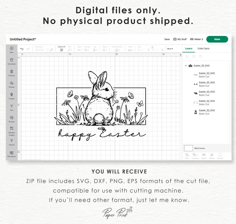 May include: Black and white line art illustration of a rabbit sitting in a field of flowers with the text "happy Easter" below.