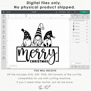 K&ouml;nnte beinhalten: Ein digitales Design mit drei Gnomen, die vor einem Banner stehen, auf dem "merry christmas" steht. Die Gnomen sind schwarzwei&szlig; und haben verschiedene H&uuml;te. Das Design ist auf wei&szlig;em Hintergrund.