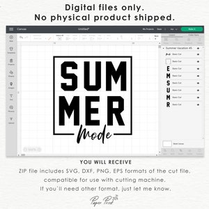 May include: Black and white digital design with the text "SUMMER Mode" in a bold, blocky font. The design is set against a light background and includes instructions for file formats compatible with cutting machines.