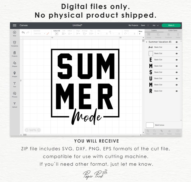 May include: Black and white digital design with the text "SUMMER Mode" in a bold, blocky font. The design is set against a light background and includes instructions for file formats compatible with cutting machines.