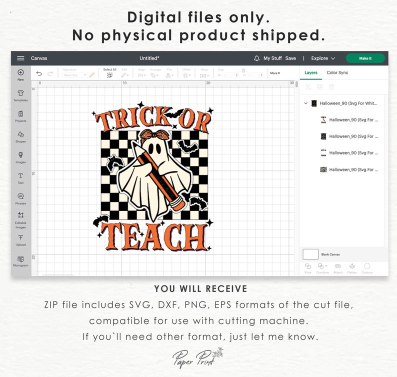 Op de afbeelding: Een digitaal ontwerp met een spook dat een potlood vasthoudt met de tekst "Trick or Teach" in oranje en zwart op een geruite achtergrond.