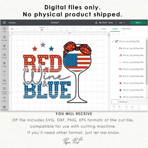 K&ouml;nnte beinhalten: Rot-wei&szlig;-blaues Weinglas-Design mit dem Text "Red Wine & Blue". Dieser digitale Download enth&auml;lt SVG-, DXF-, PNG- und EPS-Dateien.