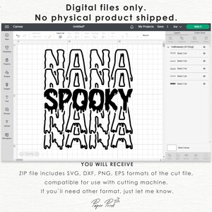May include: Black and white digital design of the words "NANA SPOOKY NANA" with dripping letters. The design is for use with a cutting machine.