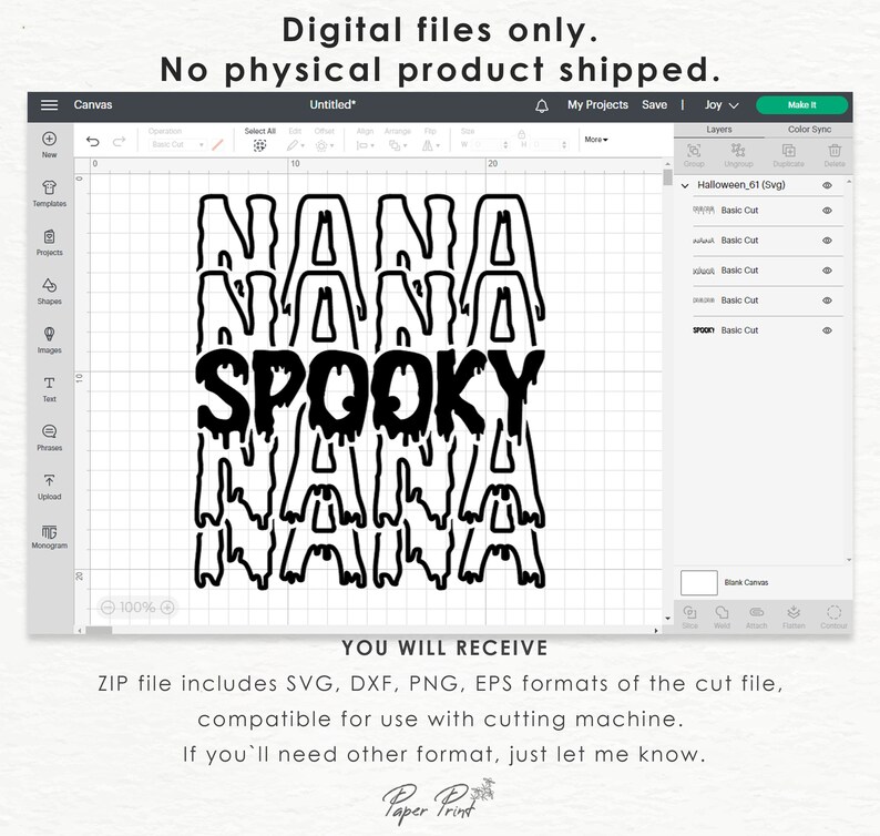 May include: Black and white digital design of the words "NANA SPOOKY NANA" with dripping letters. The design is for use with a cutting machine.