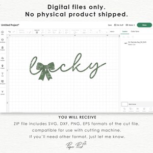 Puede incluir: Un archivo de dise&ntilde;o digital para una m&aacute;quina de corte que presenta la palabra "lucky" con un lazo verde. El dise&ntilde;o est&aacute; sobre un fondo de cuadr&iacute;cula blanca.