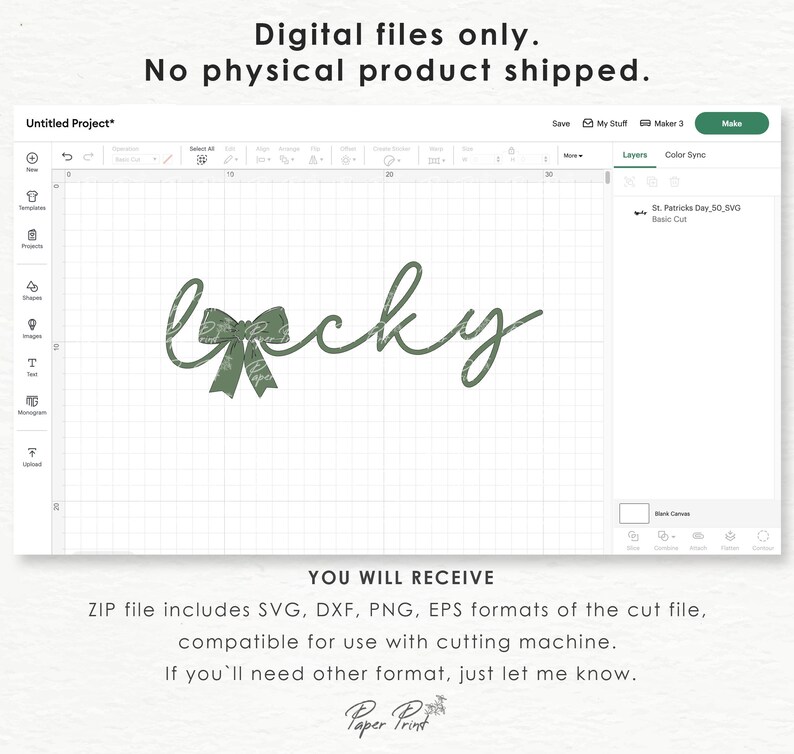 Puede incluir: Un archivo de dise&ntilde;o digital para una m&aacute;quina de corte que presenta la palabra "lucky" con un lazo verde. El dise&ntilde;o est&aacute; sobre un fondo de cuadr&iacute;cula blanca.