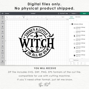 May include: Black and white digital design of a witch-themed logo. The logo features a circle with the text "There's a Little Witch in All of Us" and the text "Est. 1692".
