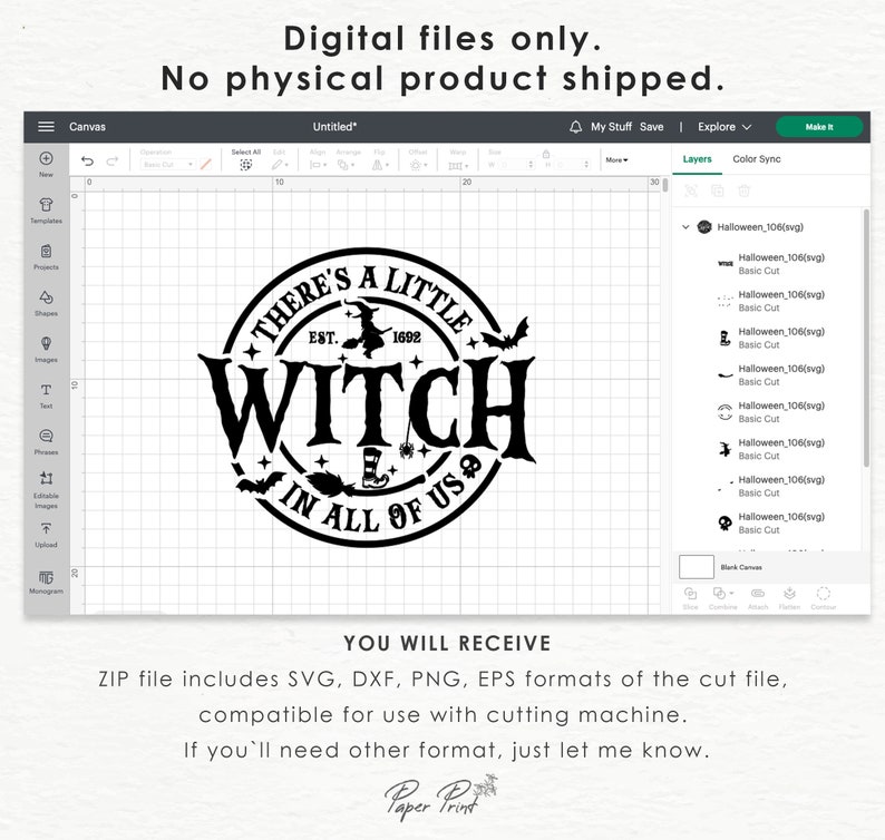 May include: Black and white digital design of a witch-themed logo. The logo features a circle with the text "There's a Little Witch in All of Us" and the text "Est. 1692".