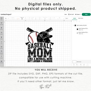以下が含まれることがあります： 野球と野球帽の白黒デジタルデザインで、テキストは「Baseball Mom Like a Normal Mom But Louder & Prouder」です。