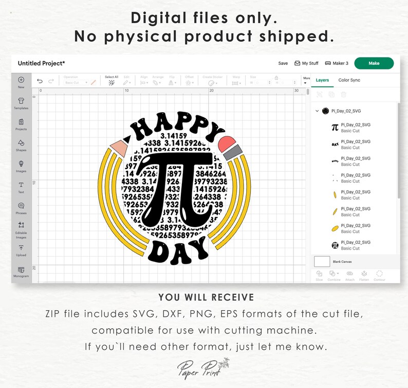 May include: A digital download of a colorful graphic design featuring the mathematical symbol pi, surrounded by pencils and the text "Happy Pi Day". The design includes the number pi written out to several decimal places.
