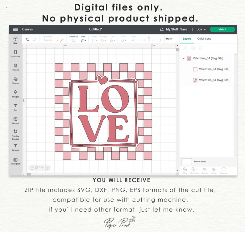 May include: A digital design file for a Valentine's Day craft project. The design features the word "LOVE" in a pink square with a small heart in the top left corner. The design is surrounded by a pink checkered border.