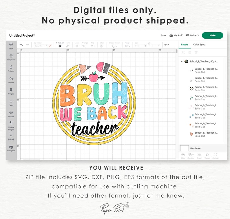 Puede incluir: Un dise&ntilde;o digital para una m&aacute;quina de corte que presenta un c&iacute;rculo con el texto "BRUH WE BACK teacher" en letras de colores con una manzana roja y una flecha dentro del c&iacute;rculo.