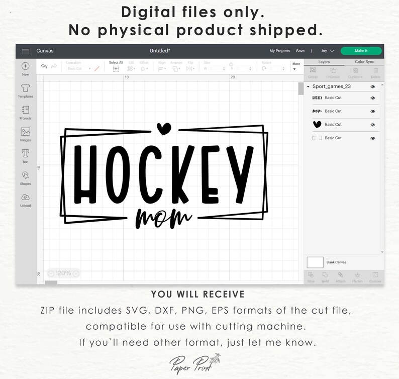 以下が含まれることがあります： 「HOCKEY MOM」というテキストが太字の黒で書かれた、カッティングマシン用のデジタルデザインです。テキストの上にはハートマークがあり、「MOM」の文字の上にあります。テキストは2つの黒い正方形のフレームで囲まれています。