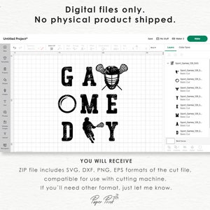 May include: A black and white digital design for a lacrosse themed "Game Day" graphic. The design includes a lacrosse stick, a lacrosse helmet, and the words "Game Day".