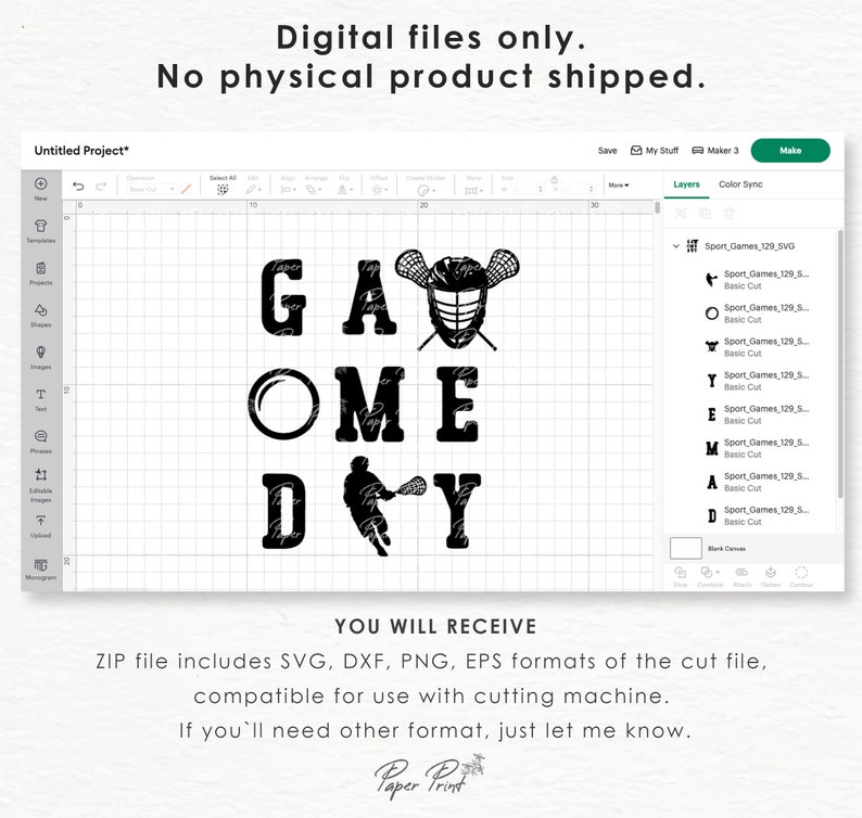 May include: A black and white digital design for a lacrosse themed "Game Day" graphic. The design includes a lacrosse stick, a lacrosse helmet, and the words "Game Day".
