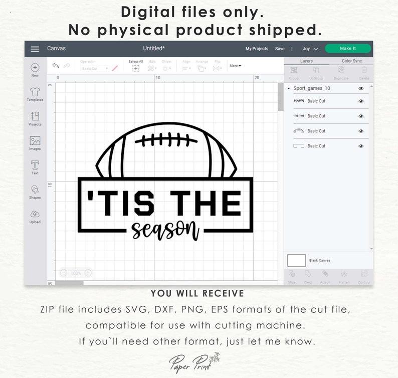 May include: Black and white digital design of a football with the text 'Tis the season' in a rectangular frame. The design is for use with a cutting machine.