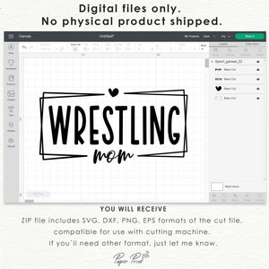 May include: A digital design file for a wrestling mom SVG cut file. The design features the text "WRESTLING mom" in a bold font with a heart and a black outline.