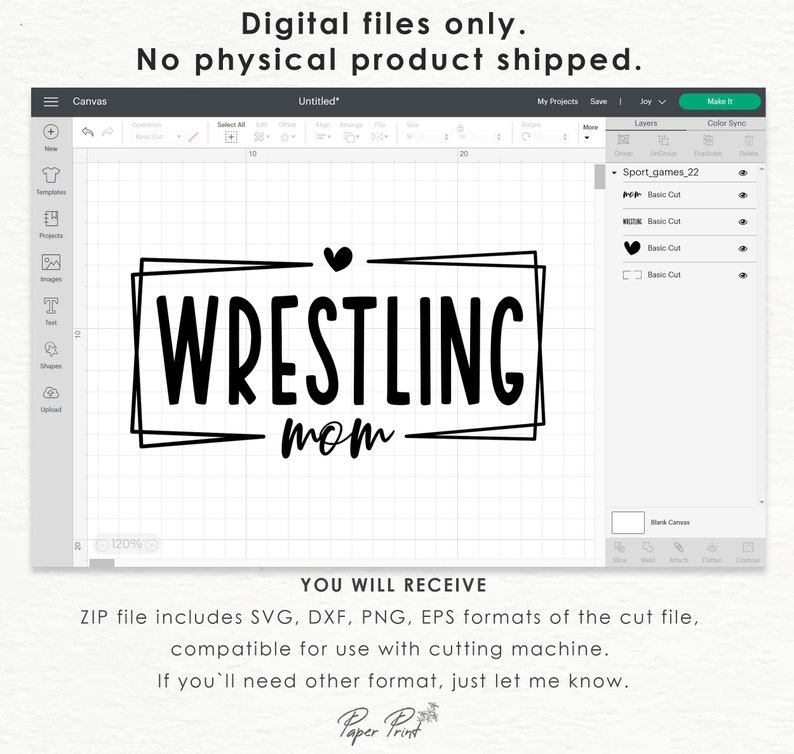 May include: A digital design file for a wrestling mom SVG cut file. The design features the text "WRESTLING mom" in a bold font with a heart and a black outline.