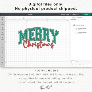 K&ouml;nnte beinhalten: Ein digitales Design f&uuml;r eine Schneidemaschine mit dem Text "MERRY CHRISTMAS" in gr&uuml;ner und roter Schrift. Das Design wird auf einem Computerbildschirm mit einem Rasterhintergrund angezeigt.