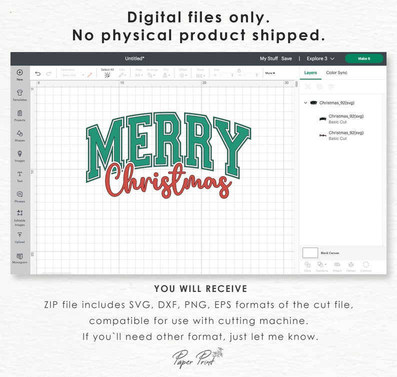 K&ouml;nnte beinhalten: Ein digitales Design f&uuml;r eine Schneidemaschine mit dem Text "MERRY CHRISTMAS" in gr&uuml;ner und roter Schrift. Das Design wird auf einem Computerbildschirm mit einem Rasterhintergrund angezeigt.