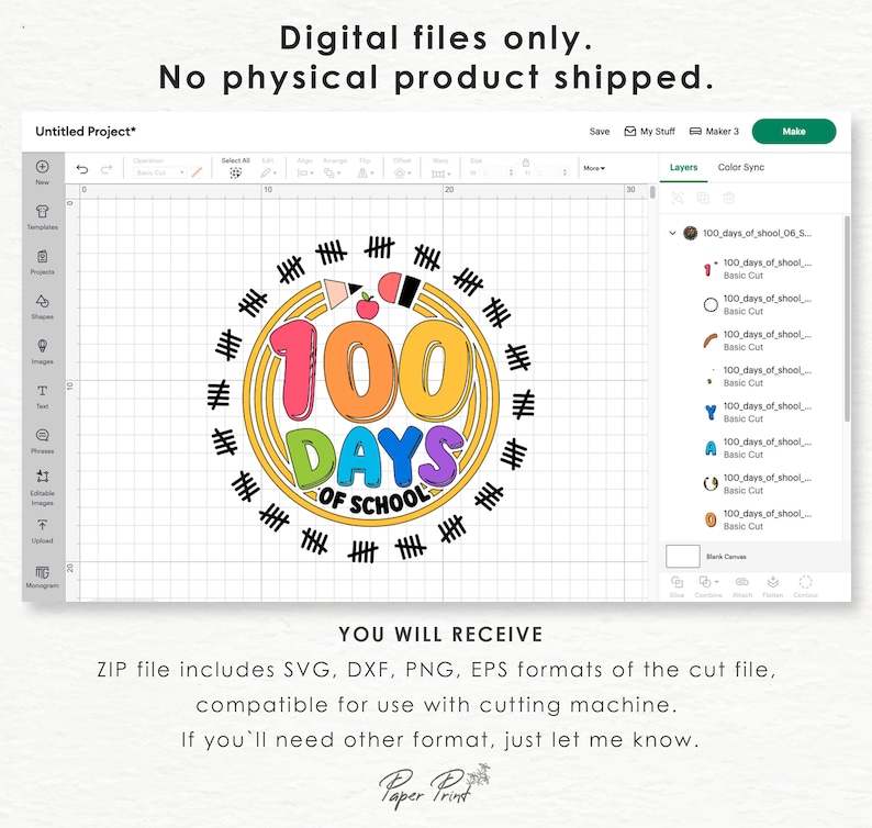 May include: A digital design for a 100 days of school celebration. The design features a colorful circle with the number 100, the words "Days of School", and a pencil, apple, and ruler. The design is surrounded by a circle of hash marks.