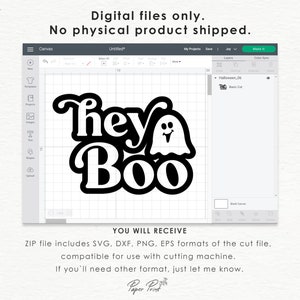 May include: A digital design file for a cut file featuring the text "They Boo" with a ghost graphic. The design is in black and white and is compatible with cutting machines.