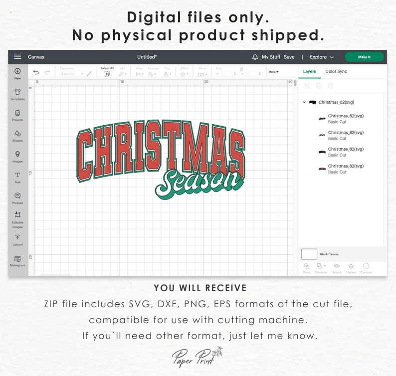 May include: A digital design for a Christmas themed SVG cut file. The design features the text "CHRISTMAS Season" in red and green with a white outline. The design is shown on a white grid background.