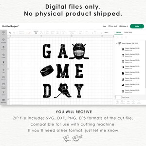 K&ouml;nnte beinhalten: Ein schwarz-wei&szlig;es digitales Design f&uuml;r eine Schneidemaschine mit dem Text "GAME DAY" mit einem Hockeyschl&auml;ger, einem Puck und einem Hockeyspieler. Das Design ist in einem geschichteten Format mit dem Text "Sport Games 128.5" und "Basic Cut" im Ebenenbedienfeld aufgelistet.
