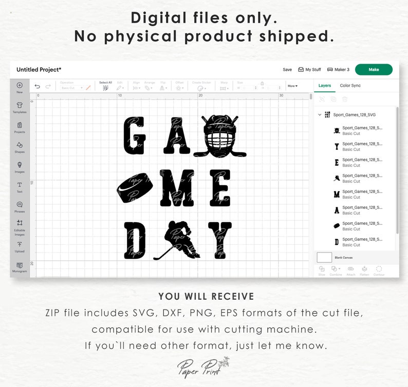 K&ouml;nnte beinhalten: Ein schwarz-wei&szlig;es digitales Design f&uuml;r eine Schneidemaschine mit dem Text "GAME DAY" mit einem Hockeyschl&auml;ger, einem Puck und einem Hockeyspieler. Das Design ist in einem geschichteten Format mit dem Text "Sport Games 128.5" und "Basic Cut" im Ebenenbedienfeld aufgelistet.