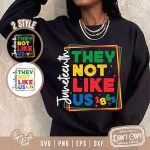 Peut inclure: Un sweat-shirt noir avec un motif graphique coloré qui dit "Juneteenth They Not Like Us 1865". Le graphique est dans une boîte avec une bordure rouge, jaune, verte et bleue.