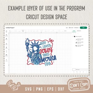 Puede incluir: Un dise&ntilde;o digital para una m&aacute;quina de corte Cricut que muestra una ilustraci&oacute;n azul y roja de la Estatua de la Libertad con el texto "She Loves Jesus and America Too".