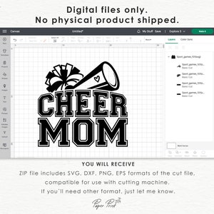 May include: Black and white digital design of a cheerleader megaphone with pom-poms and the text "CHEER MOM".