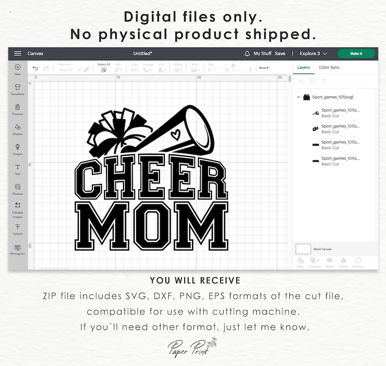 May include: Black and white digital design of a cheerleader megaphone with pom-poms and the text "CHEER MOM".