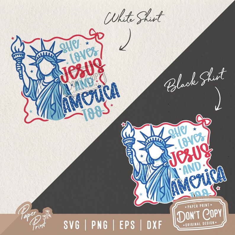 Puede incluir: Un dise&ntilde;o digital que presenta una ilustraci&oacute;n azul y roja de la Estatua de la Libertad con el texto "She loves Jesus and America too." El dise&ntilde;o es perfecto para crear camisetas, tazas y otros productos.
