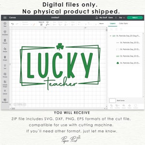 Puede incluir: Dise&ntilde;o de archivo de corte digital verde para una m&aacute;quina de corte. El dise&ntilde;o dice "LUCKY teacher" con un tr&eacute;bol de cuatro hojas.