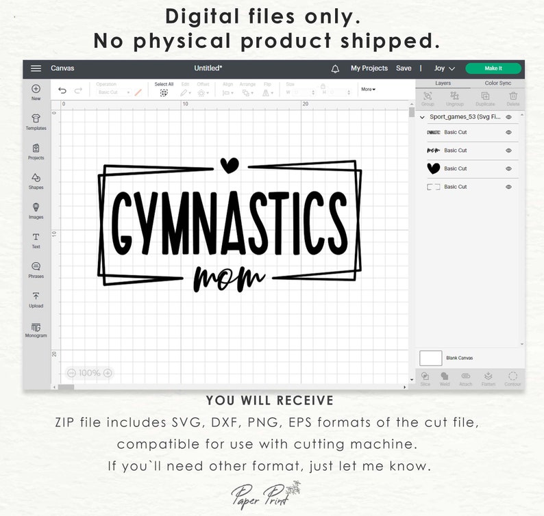 May include: A digital file design for "Gymnastics Mom" in black, featuring the text within a rectangular frame, with a heart above. The design is compatible with cutting machines and includes SVG, DXF, PNG, and EPS formats.